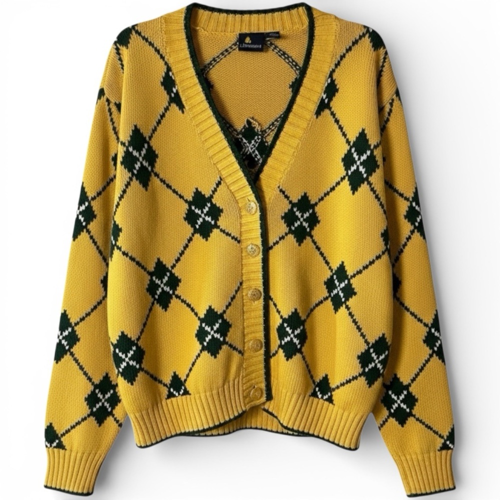 Vintage Liz Sport Argyle Cardigan Yellow Green Preppy Womens M